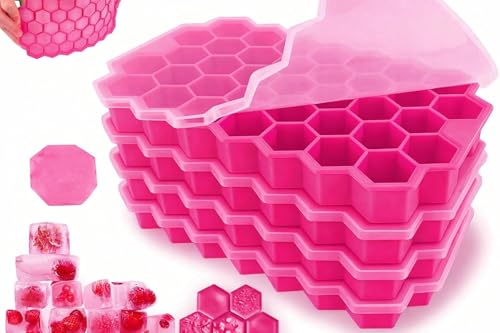Image of BIDFUL [4 Pack] Silicone Ice Cube Trays for Freezer with Lid - 37 Grid Pink Ice Cube Mold, Easy-Release Flexible Ice Trays, Reusable Stackable Ice Tray for Iced Coffee, Juice & Drinks