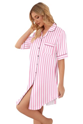 Image of Schbbbta Girls & Women Silk Nightgown, Short Sleeve Button Down Satin Nightshirt Pajama House Dress, 3 Years- Women 2XL