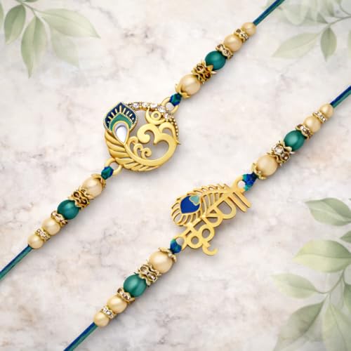 Image of Riddhika Ventures Glorious Gold Plated Auspicious Diamond Ring Rakhi || Traditional Rakhi Set of 2 & Festive Gift || Rakhi Gift Combo for Brother (P5P8K)