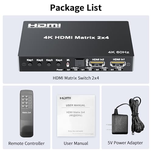4K 2x4 HDMI Matrix Switch, 2 in 4 Out Matrix HDMI 2.0 Video Switcher Splitter, Optical & 3.5mm Audio Output, Support 4K 60Hz HDR HDCP2.2, 18Gbps, with IR Remote Control for NS PS5 Fire Stick etc - Thumbnail 7