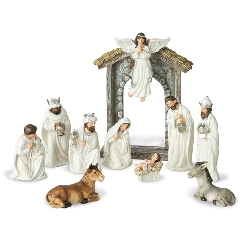 Image of Glitzhome Christmas Nativity Set Nativity Scene Set Indoor 8 in Resin Nativity Figurines Set 11 Pcs Removable Angel Statue Ivory Nativity Sets & Figures Christian Holy Family Figure with Baby Jesus