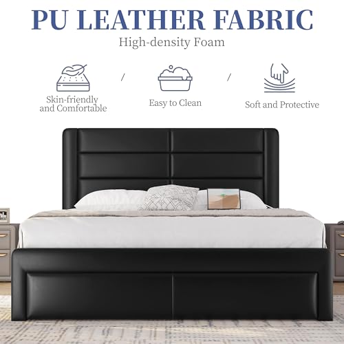 Yaheetech Queen Size Bed Frame Platform with 2 USB Charging Station/Port for Type A&Type C/3 Storage Drawers, Leather Upholstered with Headboard/Solid Wood Slat Support/No Box Spring Needed/Black