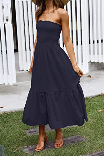 Image of ZESICA Women's Summer Boho Strapless Maxi Dress 2026 Casual Off Shoulder Smocked Flowy A Line Beach Holiday Long Dresses