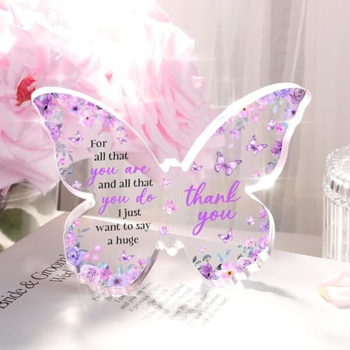 Image of Gifzy Thank You Gifts for Women, Appreciation Gifts for Teacher Employee Coworker Nurse Friend, 5x5x0.5 Inch Purple Butterfly Acrylic Plaque Decor, Graduation Wedding Thank You Grateful Gift Bulk