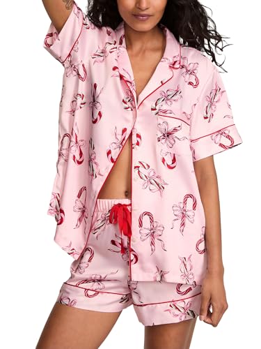 Victorias Secret Satin Pajama Set Short Sleeve Button Down & Shorts Pajamas for Women Candy Canes L