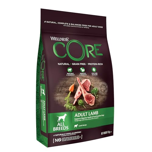 Wellness CORE Lamb 10 kg, Lamm – Hundefutter Trocken für alle Hunderassen, getreidefrei, natürlich, hypoallergen, proteinreich, hoher Fleischanteil, unterstützt eine gesunde Verdauung