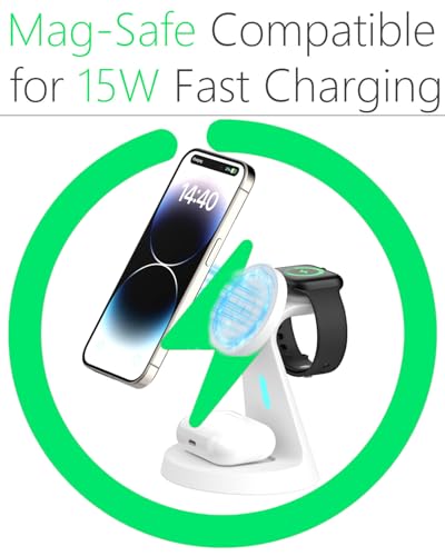 Image of Wireless Charger,3 in 1 Charging Station,15W Phone Charger Stand | Compatible with Mag-Safe Charger for iPhone 17 /16 /15 /14 /13 /12 Series, Apple Watch, AirPods (Adapter Included)