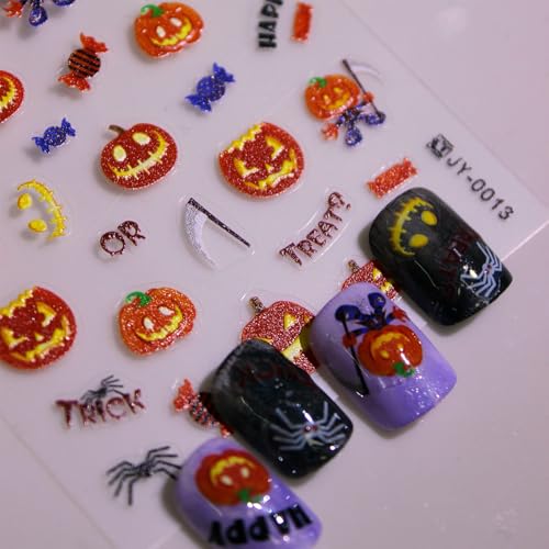1Sheets Halloween Nail Art Stickers Decals Gothic Skull Pumpkin Nail Stickers for Nail Art Design Self-Adhesive Relief Spider Pumpkin Manicure Supplies for Acrylic Nails DIY Halloween Decorations