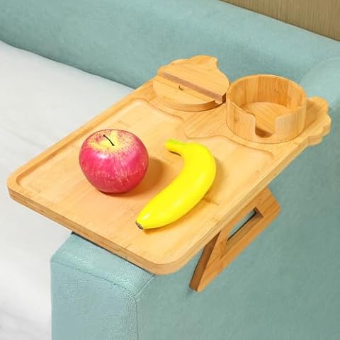 MOFASVIGI Sofa Armrest Tray, 15.7"x 10.6" Owl Couch Arm Tray with Rotating Phone Stand and Cup Holder, Anti-Slip Foldable Bamboo Sofa Clip On Side Table for Cafe Living Room Bedroom Cover