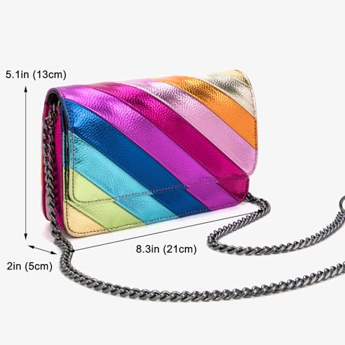 Image of Rejolly Rainbow Stripe Crossbody Shoulder Bag for Women Color Blocking PU Leather Colourful Purse with Chain Strap | PU Leather, with Chain Strap
