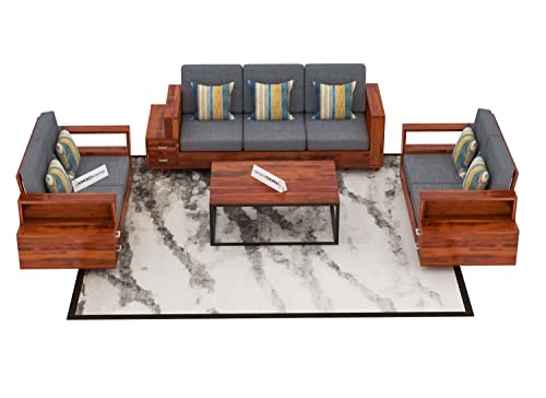 Image of Sheesham Wood 7 Seater Sofa Set with 2 Drawer Storage | 3+2+2 Wooden Sofa Set Furniture for Living Room Home Office (Honey Finish)