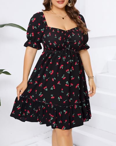 Image of Pinup Fashion Plus Size Summer Dresses-2026 Casual Puff Sleeve Sweetheart Neckline Smocked Short Babydoll Dress