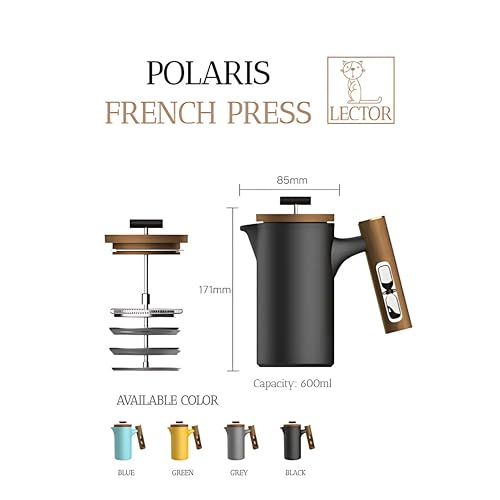 Image of Lector Polaris French Press Coffee Maker I 600ML, Ceramic Manual Coffee & Tea Brewer with Natural Wooden Handle & Lid | Strong Build, Superior Filtration, Innovative 4 Minute Hour Glass Timer (BLACK).