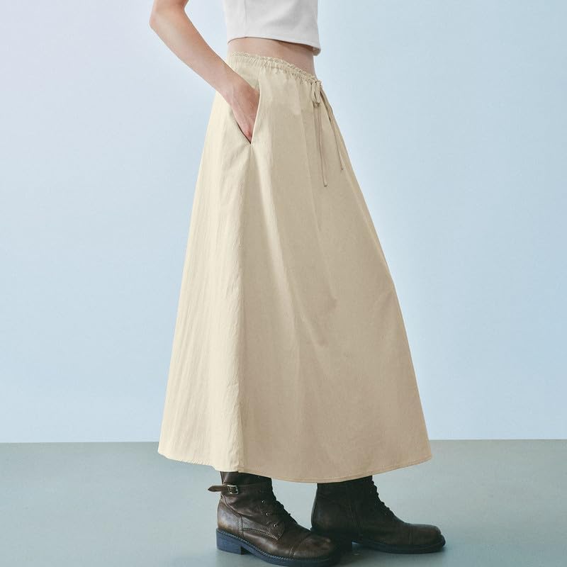 URBAN REVIVO Women's Cotton Oversized A-Line Midi Skirt with Elastic Waist Solid Soft Casual Long Skirts