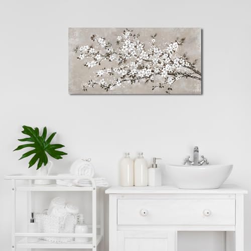Image of VEAEE White Blossom Branches Wall Art, Floral Canvas Prints, Living Room Decor Abstract Flowers Painting Canvas Pictues, Contemporary Artwork Bedroom Office Kitchen Wall Decor Ready to Hang 20 inchx40 inch