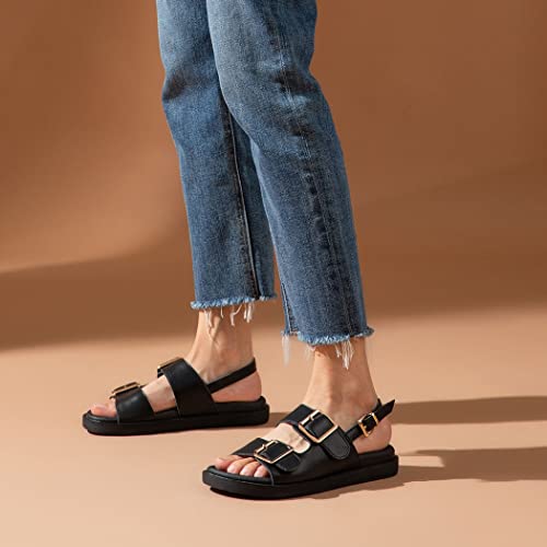 Beautoday Women's Leather Platform Sandals Slingback Metal Buckle Summer Flats Black Us 8.5 #TOP4