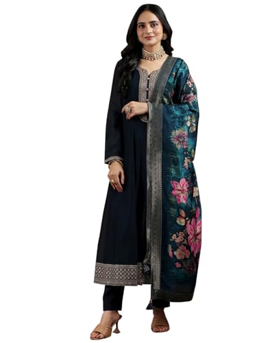 Image of Libas Womens Yoke Design Silk Blend A Line Kurta With Trousers and Dupatta | daily wear suit