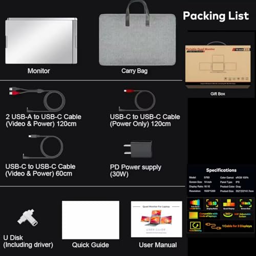 Image of TUTT 14 inch Triple Portable Monitor | Single Cable Setup 16:10 Ratio | Laptop Quad Screen Extender | S780 | 90-Minute Tech Support