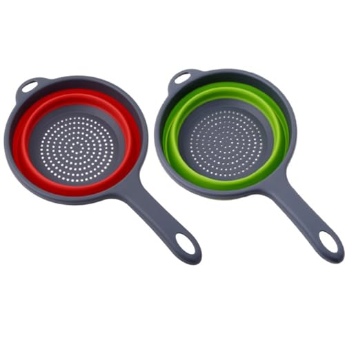 Surwin Scolapasta Pieghevole Salvaspazio con Manico Lungo, 2 Pezzi Scolapasta Silicone Verdura Cesto Scolapasta Plastica Silicone Pieghevole, per Drenare Pasta, Frutta, Verdura (Rosso Verde)