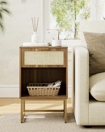 Image of Masupu Rattan Nightstand,Modern Night Stand Boho Farmhouse Wood Bedside Table with Storage Drawer Side End Table for Bedroom, Office,Walnut Brown