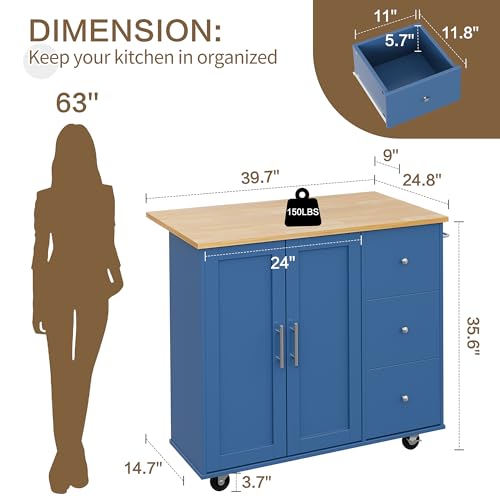 Image of SUNLEI Kitchen Island on Wheels with Storage Cabinet & Foldable Drop Leaf, Rolling Kitchen Table, Cart Handle for Towel Rack, Drop Leaf, Portable Islands for Kitchen (Classic Blue, 39.7-INCH)