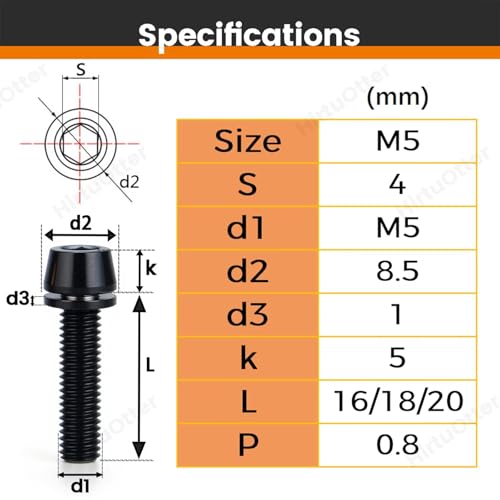 Image of 6 pcs M5 x 20 Titanium Allen Hex Bolts with Washer Screws & Wrench, for Bicycle Stems /Bike Handlebars /Brake Systems /Motorcycles /Camping Gear, Tapered Head Anti-Corrosion Fasteners(Black)