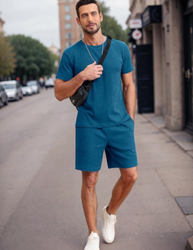 Image of Ekouaer Mens Lounge Set Ribbed Knit Pajamas Set 2 Piece Short Set Outfits Sweatsuit Summer Soft Sleepwear Loungewear