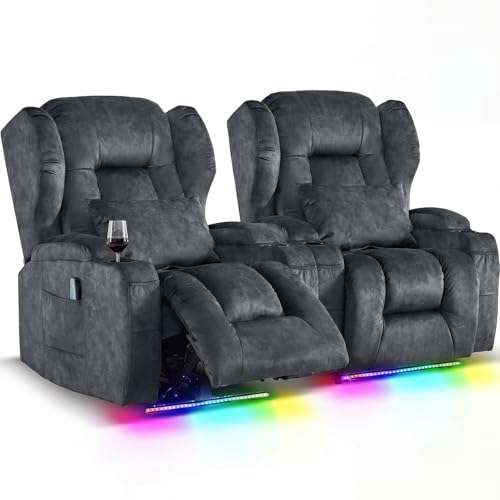 Image of Oprisen Wall Hugger Power Recliner Chair Set of 2, Overstuffed Home Theater Seating w /Heat Massage Electric Movie Gaming Sofa Reclining Sleeper Chair with LED Light /Lumbar Pillow /Cup Holders