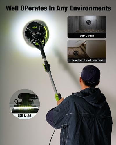 Drywall Sander - ETOOLAB Electric Drywall Sander 1000-2100RPM with Auto Dust Collection 360° Swivel Head, Powerful Wall Sander with 5 Variable Speed LED Lightfor Ceilings, Floors Discs Sander