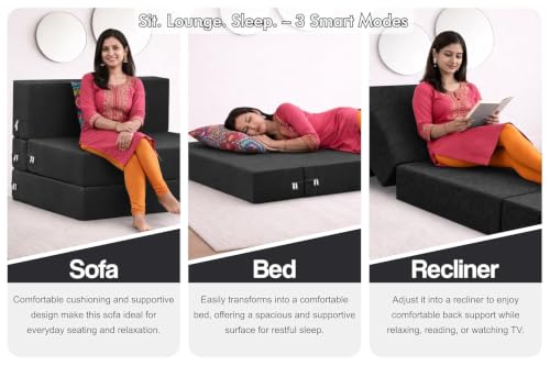 Image of Rosebell Four Seater Foldable Sofa Cum Bed (6x6 Feet) Jute Fabric, Washable Removable Cover, Includes 4 Cushion | Space Saving Sofa Bed for Home, Office & Guests - Black