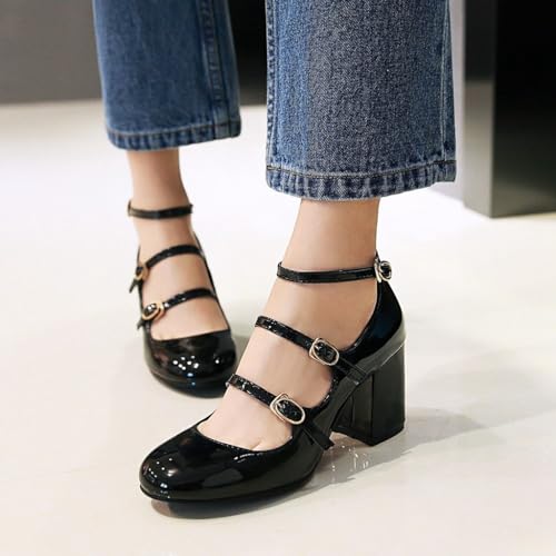 Women's Chunky High Heels Mary Jane Pumps Round Toe Buckle Strappy Patent Leather Elegant Dress Shoes3