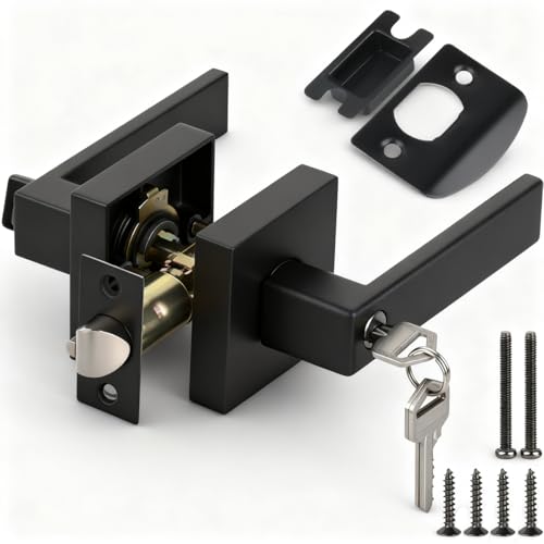 DODUOS Door Lever Handle Lock Black Door Handles with Lock and Key Bathroom Door Handles with Locks Black Door Handle Internal Square Entry Door Handle for Bedroom Office Left or Right Handing