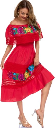 Image of YZXDORWJ Women Embroidered Mexican Peasant Casual Sexy Lace Off-Shoulder Long Dress