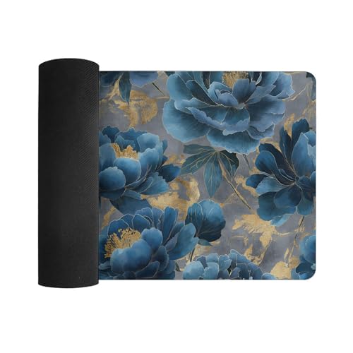 Image of Floral Retro Blue Extended Gaming Mouse Pad, with Stitched Edges Large Mouse Pad Desk Protector, Rubber Base Mousepad Keyboard Mouses Mat for Work Game Office Home- 32 inch X 16 inch Inch