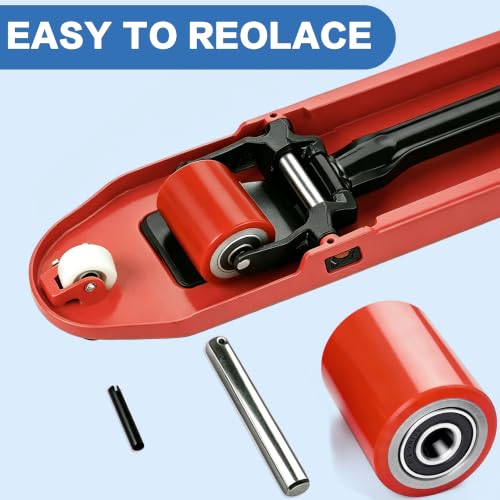 Image of A Pair Pallet Jack Load Wheels Replacement Kit 3 inchx3.75 inch(74.5mm x 93mm) Red | Including Heavy Duty PU Tread Wheels,Pre-Installed Bearings ID 20mm,Axles& Pins, Also for Manual Hand Lift Truck Rear