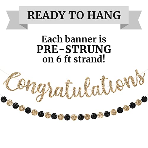 Image of Pre-strung Congratulations Banner - Gold Glitter Congratulations Banner | No DIY - Pre-strung Garland on 6 ft Strands - Black & Gold Graduation, Wedding, Retirement Party Decorations & Decor