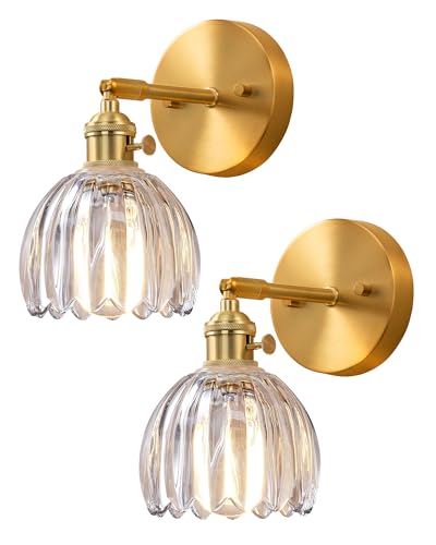 Image of EDISHINE 2-Pack Brass Gold Sconces, 180 Adjustable Tulip Glass Wall Lamps | Hardwired, Rotary ON /OFF Switch, E26, Vintage & Modern Style for Bathroom, Bedroom, Hallway