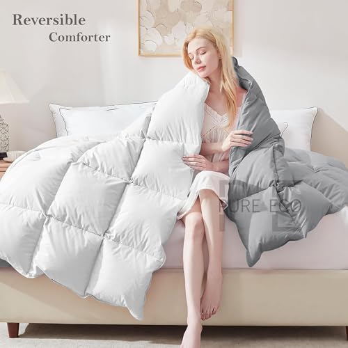 Image of PURE ECO Reversible 300 GSM Comforter King Size - Luxury & Soft Microfiber 300 GSM Comforter for Winter - Duvet /Blanket King Size (90 inchX106 inch) - White /Silver Grey Color