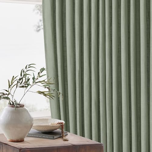 Image of Sage Green Pinch Pleated Linen Cafe Curtains 45 Inch Length 2 Panels for Dining Room Kitchen Bedroom Semi Sheer Pleat Drapes with Hooks Rings Light Filtering Short Window Curtain Cabinet 40x45