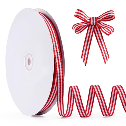 FAKILO Red and White Striped Grosgrain Ribbon 3/8 x 50 yds Double Sided Patriotic Ribbon for American Crafts Cheerleading Decorations Independence Day Christmas Decorations Valentines Day