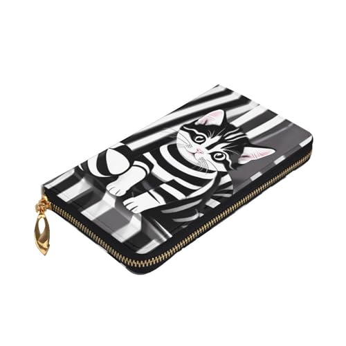 Black and white striped kitten Leather Long Wallet, 12 Credit Card Slots, 3 Cash Slots, Coin Compartment, Unisex3