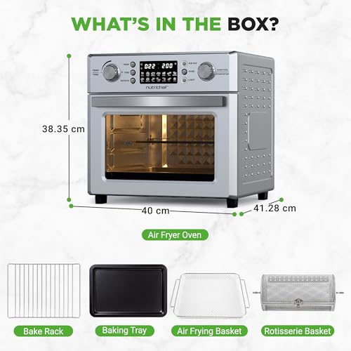NutriChef Air Fryer Oven with Rotisserie, 26L Large Airfryer Electric Ovens, Table Top Toaster Mini Oven and Grill, Includes Drip Tray, Basket & Bake Rack, 38 x 40.5 x 35.5cm - Stainless Steel - Image 8