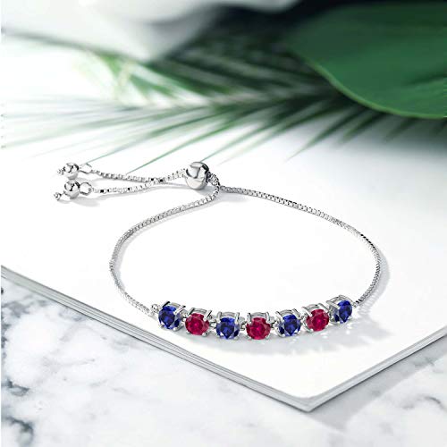 Gem Stone King 7-Stone Tennis Bracelet For Women | 925 Sterling Silver | 4.5MM Round Gemstone Birthstone and Created Ruby | Adjustable Bolo Bracelet For Women | Easy-On Easy-Off4