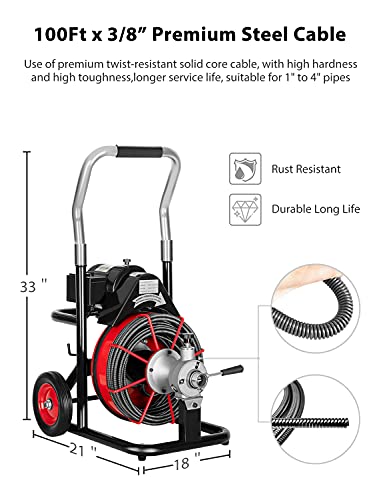 Drain Cleaner Machine 100Ft x 3/8\'\' 370W Electric Drain Auger Plumbing Snake Fit 1\'\' to 4\'\' Pipes Drain Cleaning with Safety Foot Switch Control Lever for Sewer Toilets Sink Floor Drains