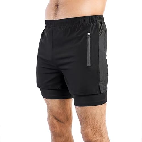 ZERAOKE Men's 2-in-1 Stretch Running Shorts,Quick-Dry Workout Shorts with Zipper Pockets and Compression Liner-Black-3Xl