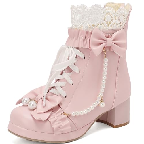 LUXMAX Women Cute Lolita Boots Chunky Mid Heel Ankle Boots with Bow Platform Lace Up Booties with Pearl