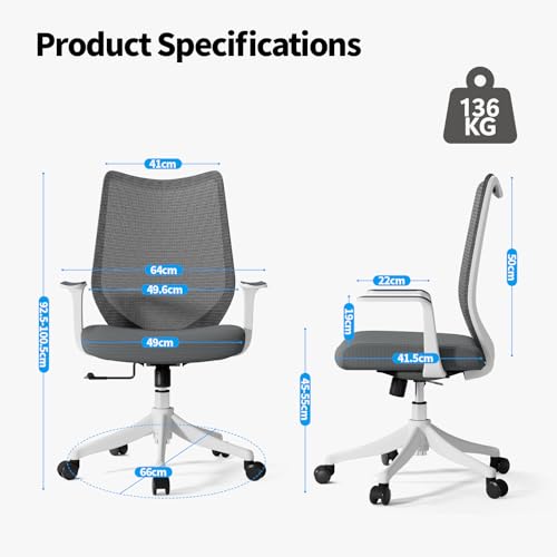 Image of Ergonomic Office Chair, Comfy Swivel Mesh Chair Super Elastic Lumbar Support Fixed Armrests and PU Wheels Tilting & Height Adjustment Desk Chair (Light Grey)