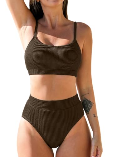 CUPSHE Women's Bikini Set Two Piece Swimsuit High Waisted Scoop Neck Knit Brown Swimwear M