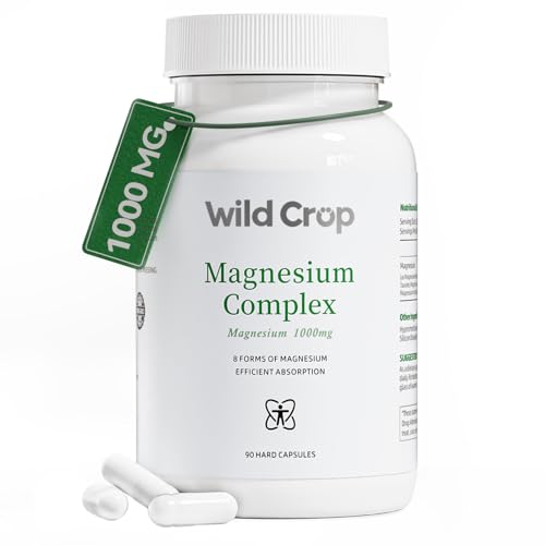Wild Crop Magnesium Complex 1000 mg 8 Forms Magnesium Oxide Glycinate Malate Taurate Citrate Carbonate Aspartate Orotate High Absorption Formula for Nerve Muscle & Bone Support 90 Capsules