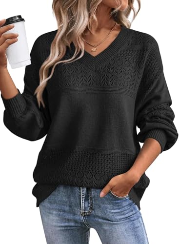 Image of SHEWIN Women's Sweaters Casual Long Sleeve V Neck Crewneck Lightweight Crochet Pullover Sweater Tops